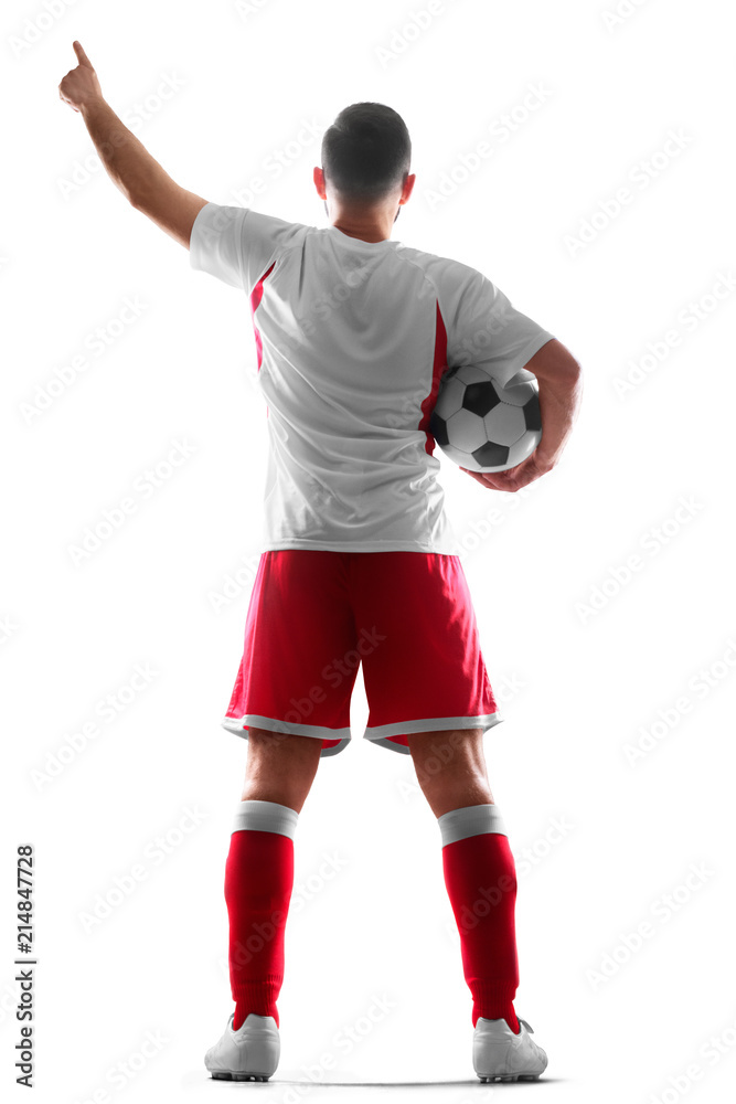 One professional football player with a ball in his hands. View from behind. Isolated on white background