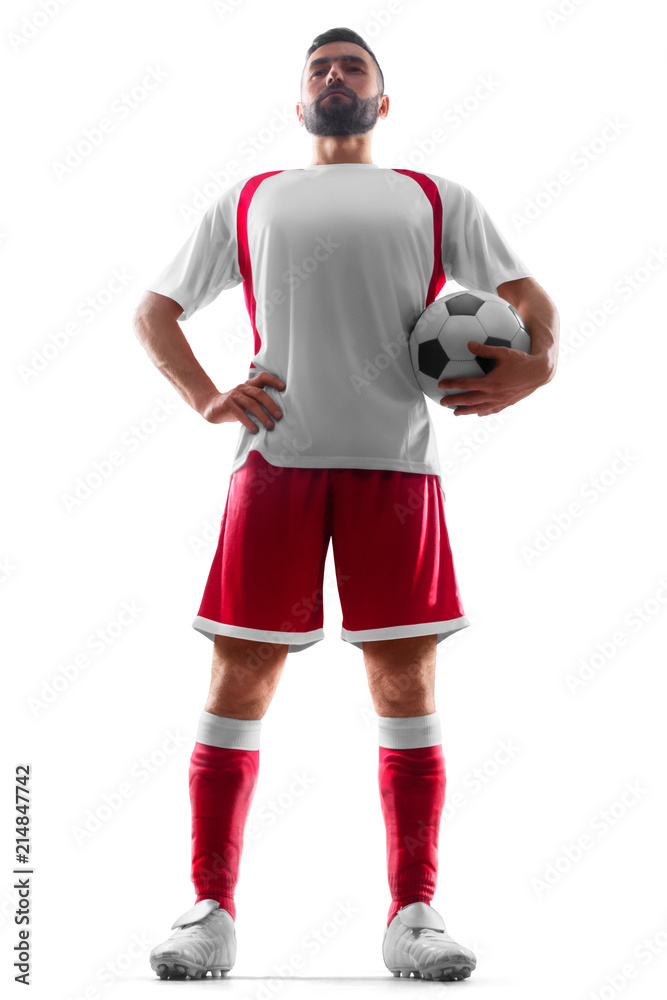 One professional static soccer player with a ball in his hands. View from the front. Football isolated on white background