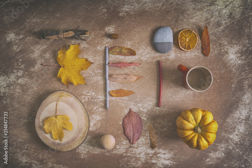 Collection of  Various Autumnal Objects on Grungy Background photo