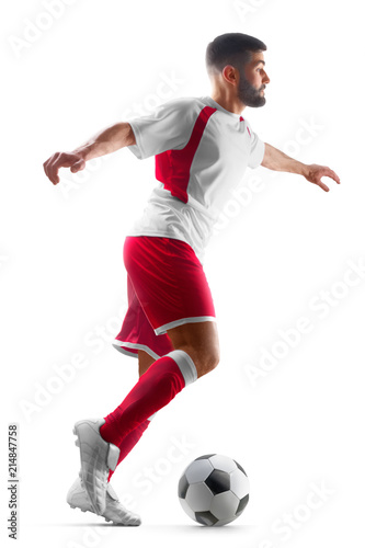 Soccer player in action. One professional soccer player man isolated on white background.