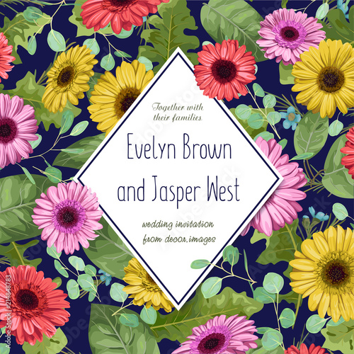 Beautiful vector background, wedding invitation card, greeting card, border, banner. Watercolor yellow, red, pink gerbera flowers with eucalyptus leaves with a diamond-shaped frame