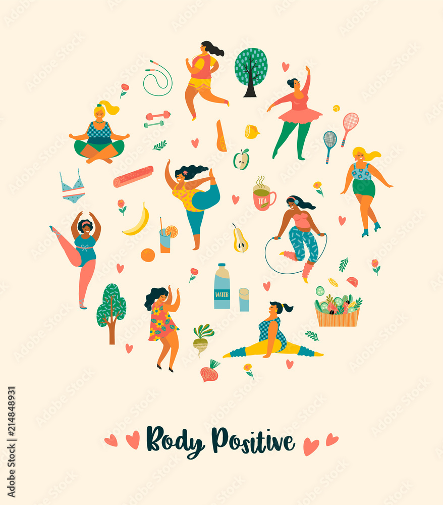 Body positive. Happy plus size girls and active healthy lifestyle. Body positive. Happy plus size girls and active healthy lifestyle.