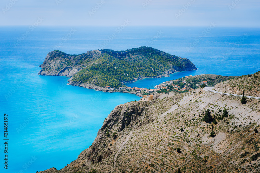 View of Assos village and beautiful blue sea bay, Kefalonia island, Greece