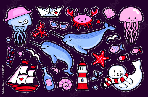 Jellyfish and crab, fur seal, starfish, fish, narwhal, lighthouse, ship and seagull. Collection of sea stickers, patches, badges and pins. Vector isolated illustration © Anastasia