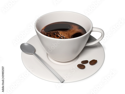 White cup of coffee with coffee beans on a plate