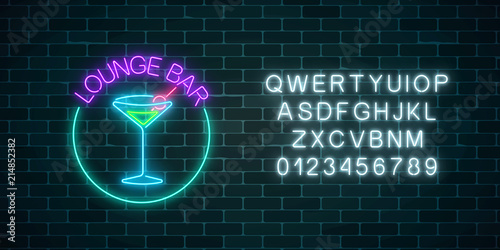 Neon lounge cocktails bar sign with alphabet. Glowing gas advertising with glasses of alcohol shake.