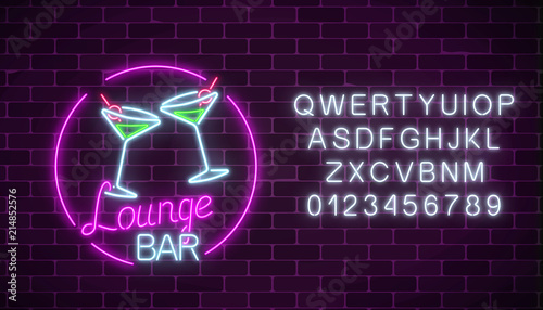 Neon cocktails lounge bar sign with alphabet. Glowing gas advertising with glasses of alcohol shake.