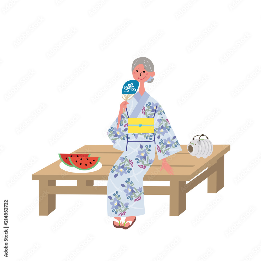 夕涼み 浴衣 シニア 女性 イラスト Stock ベクター Adobe Stock