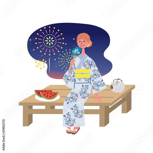 花火をみる浴衣の女性　夏イメージ　イラスト

