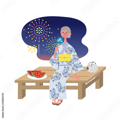 花火をみる浴衣のシニア女性　夏イメージ　イラスト
