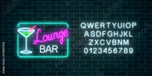 Neon cocktails lounge bar sign in rectangle frame with alphabet. Glowing gas advertising with glasses of alcohol shake.