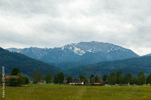 landscape in the Alps with fresh green meadows and snow-capped mountain peaks in the background, Bavaria, Germany