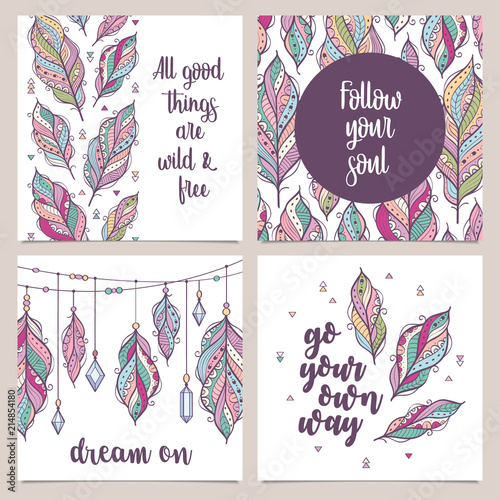 Card template collection for banners, flyers, posters with feathers in boho style. Vector card with motivational quote