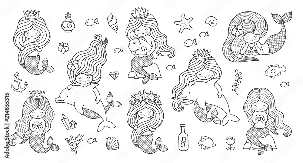 Fototapeta Big set of mermaids for coloring book. Collection of cute cartoon characters. Under the sea. Vector outline illustrations.