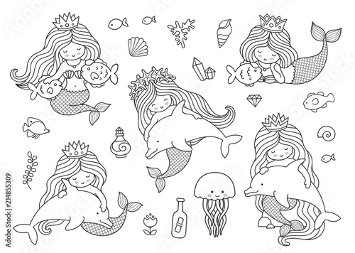 Mermaids with dolphins, fish, jellyfish, medusa. Big set of outline illustrations for coloring book.