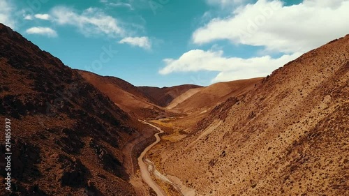 Aerial flying through the desert valley leading to the Polvorilla Viaduct in Argentina