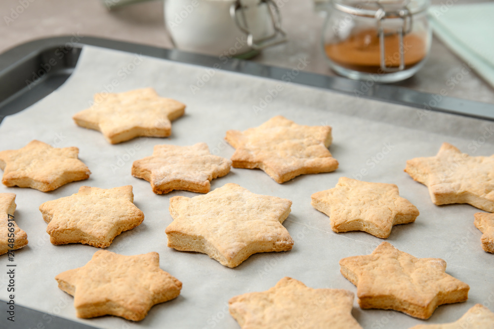 Tasty homemade Christmas cookies on baking tray