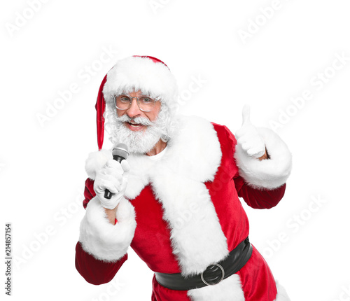 Santa Claus singing into microphone on white background. Christmas music