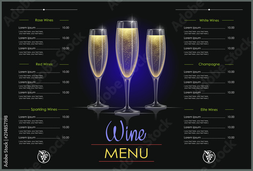 Champagne glass. Concept design for wines menu in dark