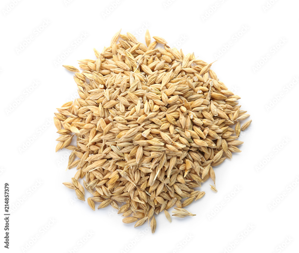 Raw barley on white background. Healthy grains and cereals