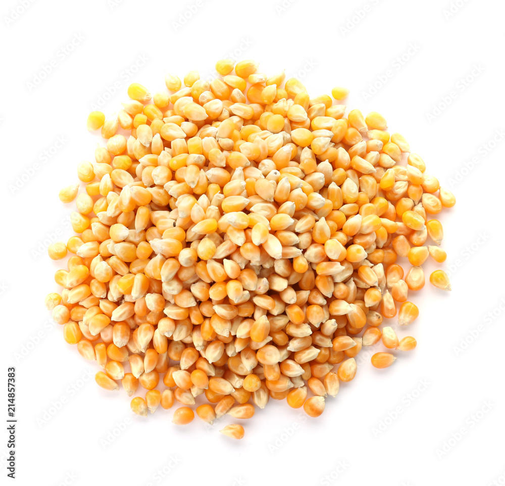 Raw corn kernels on white background. Healthy grains and cereals Raw corn kernels on white background. Healthy grains and cereals