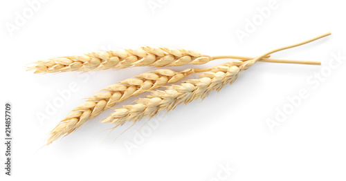 Spikelets on white background. Healthy grains and cereals