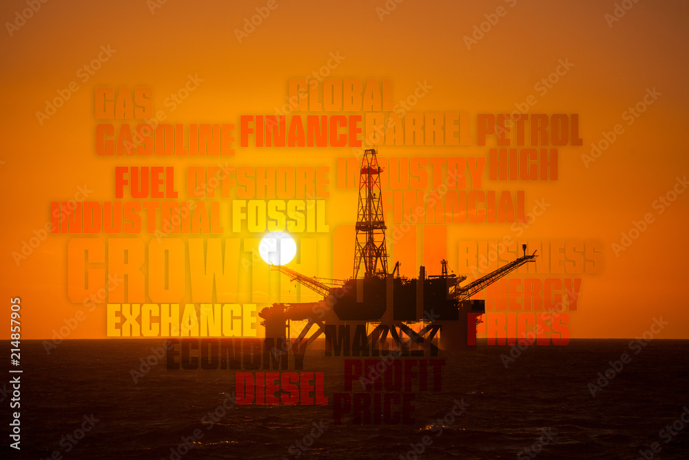 Silhouette of driling rig with text cloud