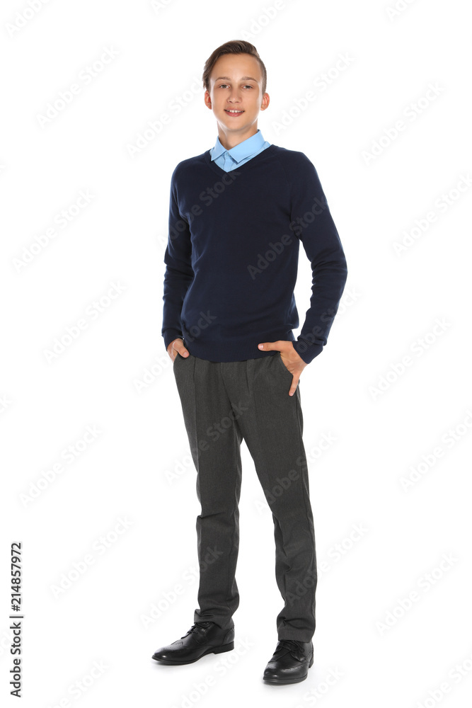 Teenage boy in stylish school uniform on white background Teenage boy in stylish school uniform on white background
