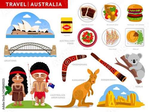 Travel to Australia. Australians in national clothes. Set of traditional cuisine, architecture, cultural symbols. A collection of colorful illustrations for guidebook. Attractions, places.