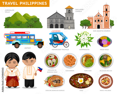 Travel to Philippines. Set of traditional cultural symbols, cuisine, architecture. A collection of colorful illustrations for the guidebook. Filipinos in national dress. Attractions. Vector.