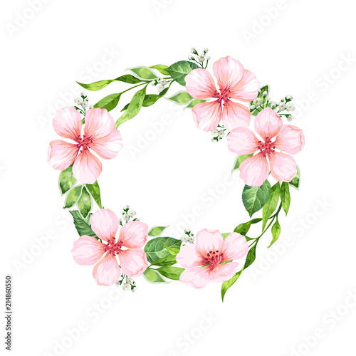 Apple tree Flower frame in watercolor style isolated on white background. Template for invitation card. Place for text.