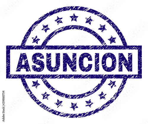 ASUNCION seal print with grunge texture. Designed with rectangle, circles and stars. Blue vector rubber print of ASUNCION tag with unclean texture.