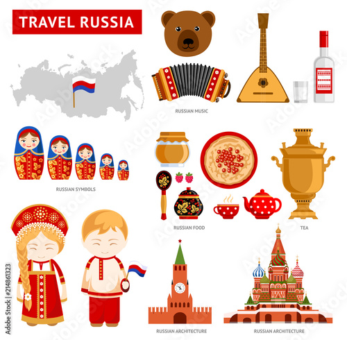 Travel to Russia. Set of icons of Russian architecture, food, costumes, traditional symbols, music, musical instruments, dolls and tea. Russian people. collection of flat illustration to guide.