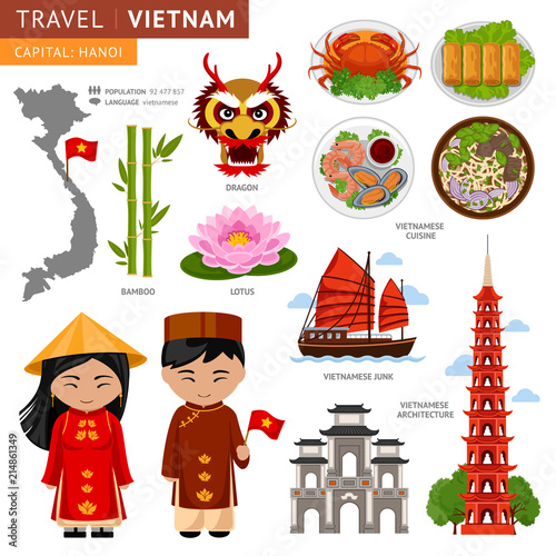 Travel to Vietnam. Set of traditional cultural symbols. A collection of colorful illustrations for the guidebook. Vietnamese peoples in national dress. Man and woman. Vietnamese attractions.