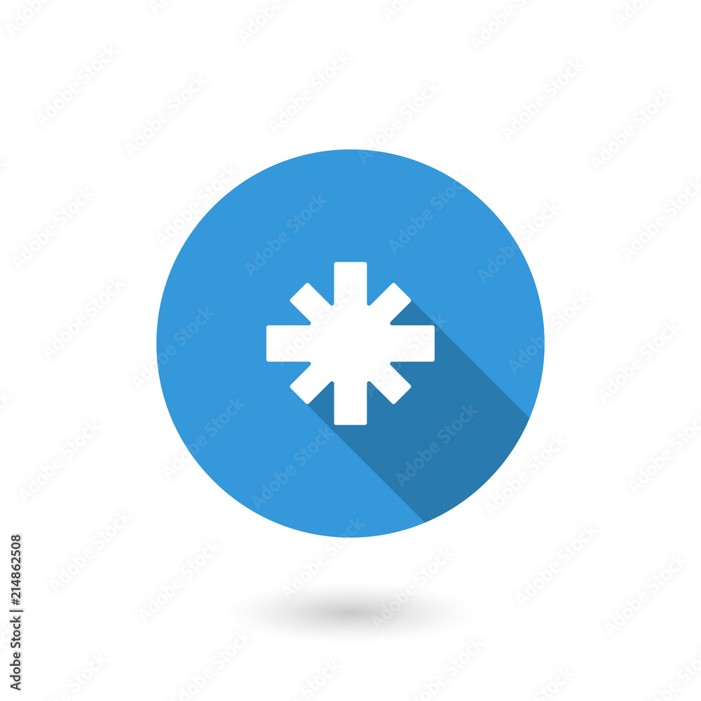 Asterisk icon. illustration of flat blue color icon with long shadow
