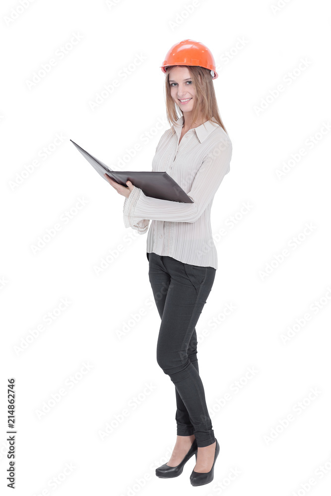 closeup.smiling woman engineer with documents .isolated on white closeup.smiling woman engineer with documents .isolated on white