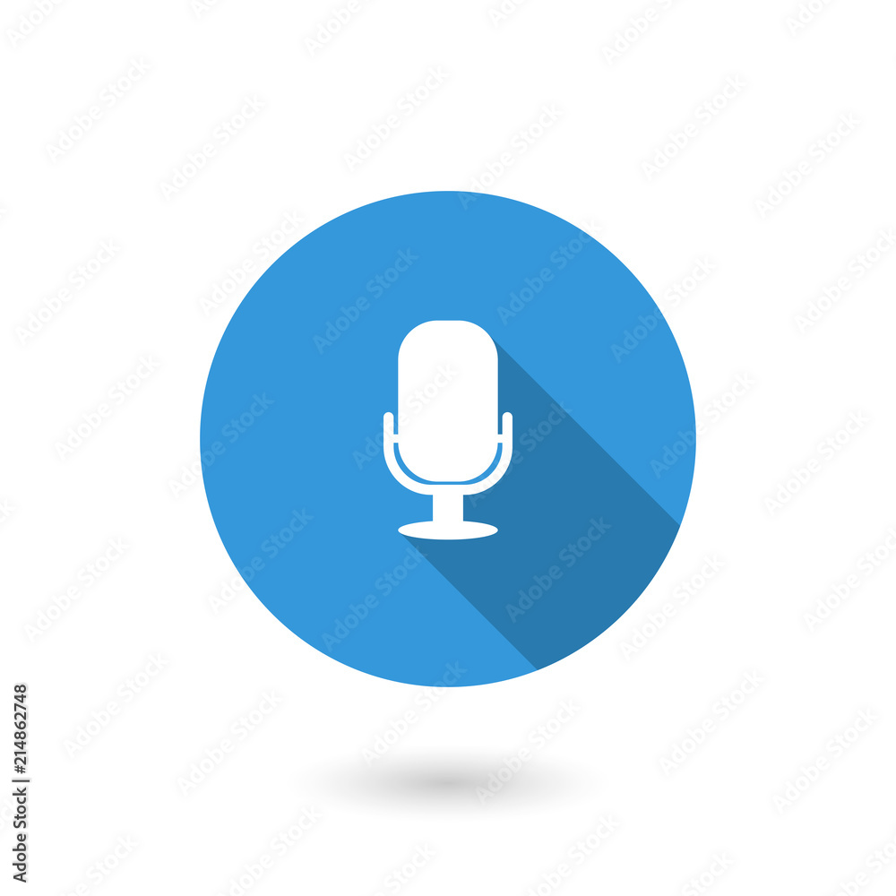 Microphone icon. Flat design style modern illustration. Isolated on white color background. Flat long shadow icon. Elements in flat design Microphone icon. Flat design style modern illustration. Isolated on white color background. Flat long shadow icon. Elements in flat design