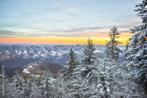 Mountains overview at the top of the highest peak in the Allegheny Mountains, West Virginia, USA snow surroundings photo