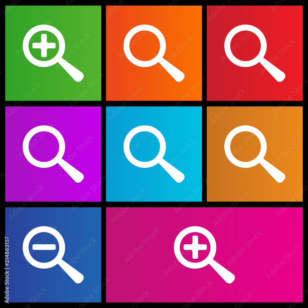 Magnifying Glass Icon. Zoom in, zoom out icons. Find, magnify, search, zoom buttons. Metro style Magnifying Glass Icon. Zoom in, zoom out icons. Find, magnify, search, zoom buttons. Metro style