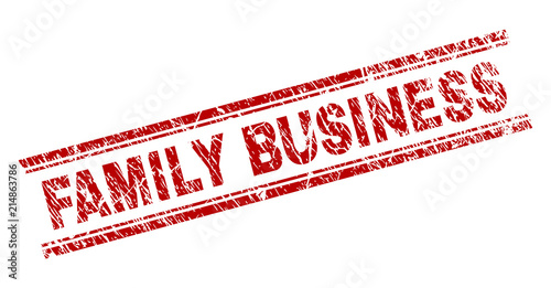 FAMILY BUSINESS seal print with distress texture. Red vector rubber print of FAMILY BUSINESS tag with retro texture. Text tag is placed between double parallel lines.