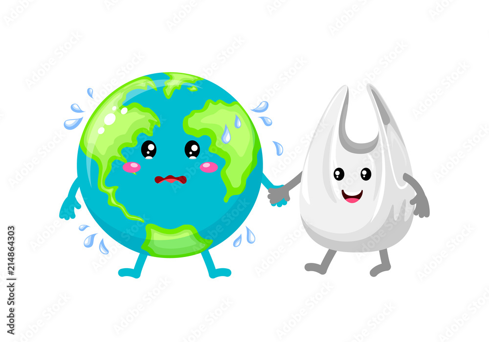 Cute cartoon globe character holding hands with plastic bag. Global warming  concept. Illustration isolated on white background. Stock Vector | Adobe  Stock