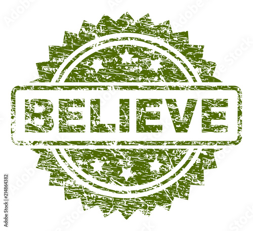 BELIEVE stamp seal watermark with rubber print style. Green vector rubber print of BELIEVE caption with grunge texture.