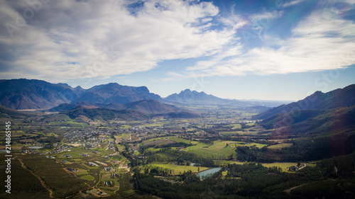 Aerial view over the Franschhoek pass and the Franschhoek valley in the Western Cape of South Africa