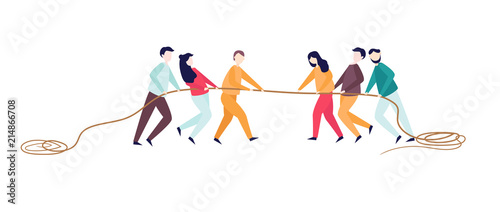 Excited man woman pull rope. Tug of war competition between two teams. Concept of sports activity for teens. team work competitive fight. Vector illustration.