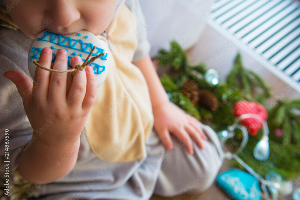 Obraz premium A boy is eating a gingerbread