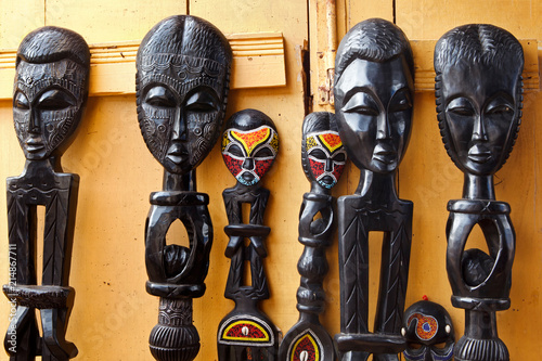 Fotografija West African Wood Carvings for Sale at an Outdoor Market in Accra Ghana
