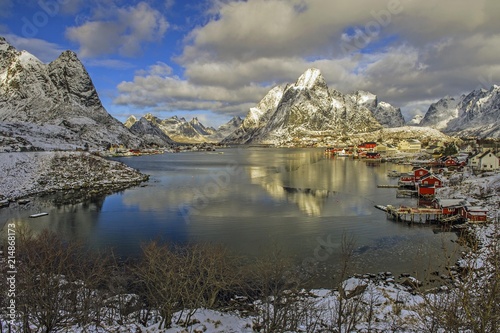 Reine, Reine Fjord, Lilandstinden mountain at the back, Moskenesoya, Lofoten archipelago, Norway, Europe photo