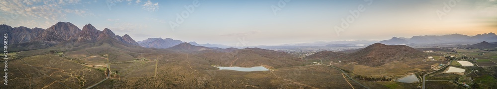 Aerial view over the mountains outside the town of Worcester in the Western Cape of South Africa