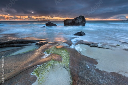 Evening mood on the coast near Utakleiv, Vestvagoya, Lofoten, Nordland, Norway, Europe