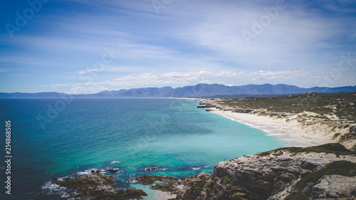 Aerial view over the rocks in the Walkerbay reserve in Gansbaai in the Western Cape of South Africa